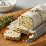 Sliced log of cowboy compound butter with herbs and red pepper on a wooden cutting board beside fresh thyme and a butter knife