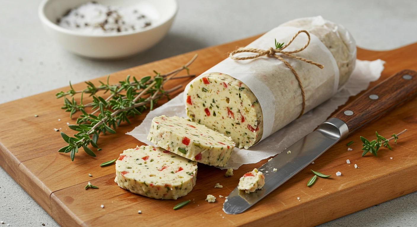 Sliced log of cowboy compound butter with herbs and red pepper on a wooden cutting board beside fresh thyme and a butter knife