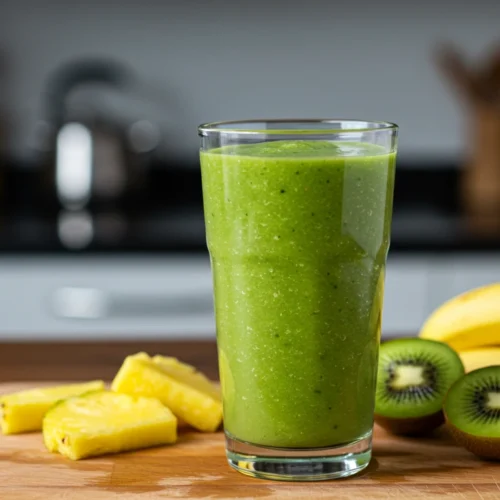 Glass of tropical green detox smoothie with fresh pineapple, banana, and kiwi on a wooden board in a modern kitchen