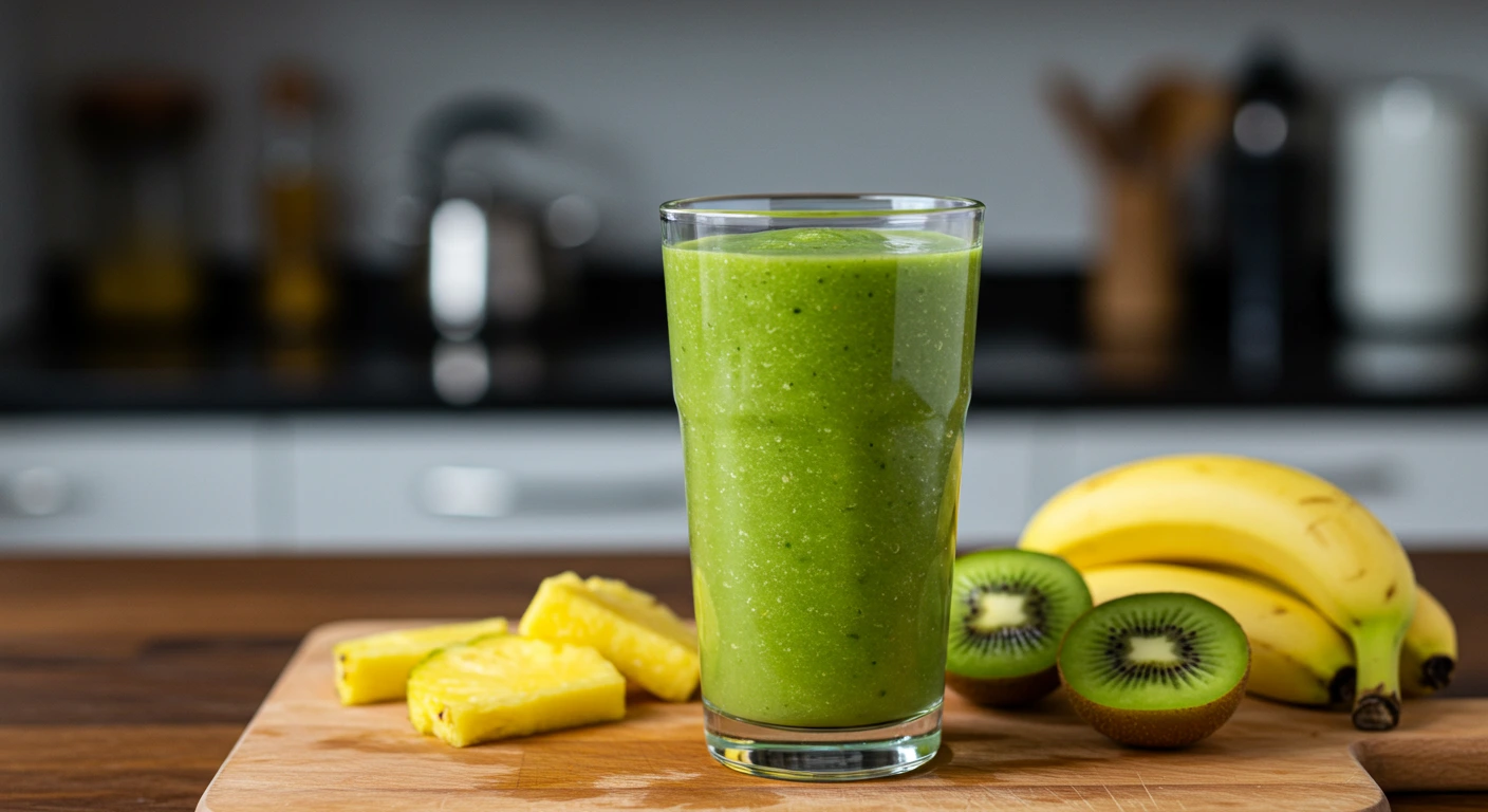 Glass of tropical green detox smoothie with fresh pineapple, banana, and kiwi on a wooden board in a modern kitchen