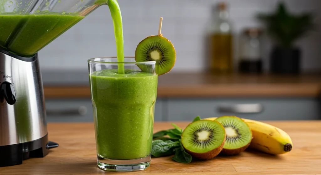 Green smoothie being poured from a blender into a glass, garnished with a kiwi slice, with fresh kiwi, banana, and spinach on the counter