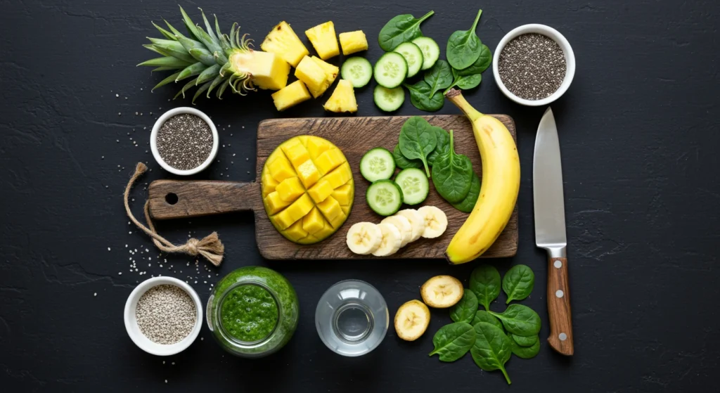 Flat lay of tropical green detox smoothie ingredients including pineapple, mango, banana, spinach, cucumber, chia seeds, and a glass of green smoothie on a black background