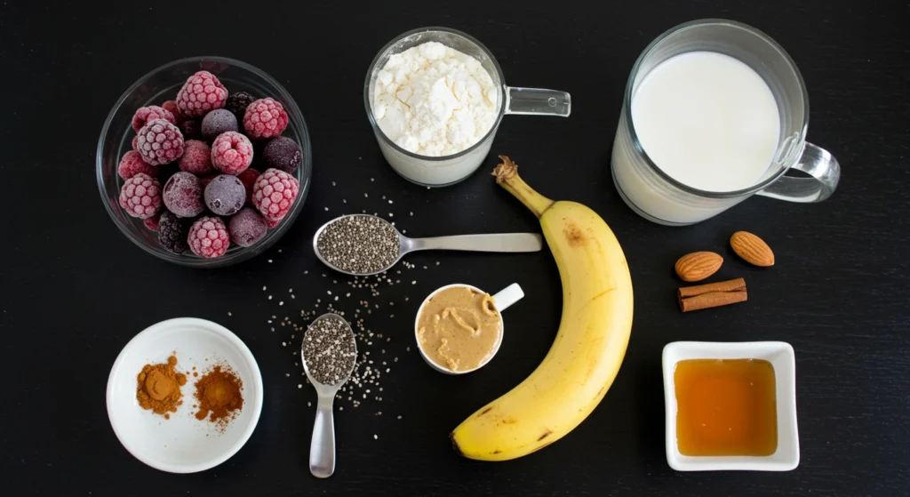 Flat lay of smoothie ingredients including frozen berries, protein powder, almond milk, banana, chia seeds, peanut butter, cinnamon, almonds, and honey on a black surface.