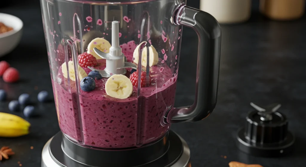 Thick berry protein smoothie in a blender with sliced bananas, raspberries, and blueberries on top, ready to blend on a dark kitchen counter.