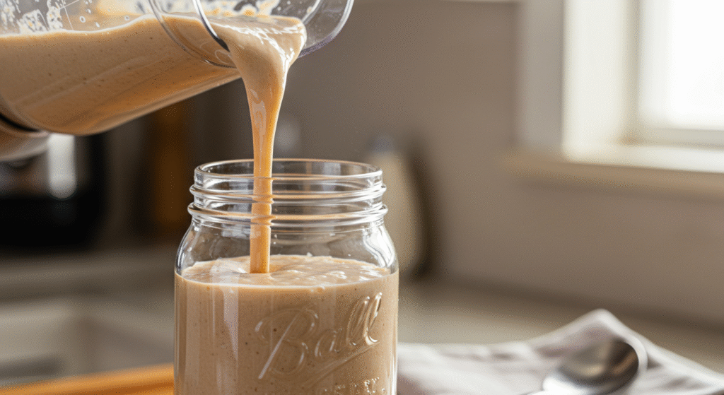 Thick peanut butter banana oat smoothie being poured from a blender into a glass jar in a bright kitchen setting.