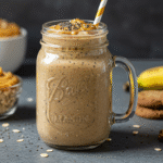 Creamy peanut butter banana oat smoothie in a mason jar, topped with chia seeds and surrounded by oats, banana, and peanut butter on a dark kitchen surface.