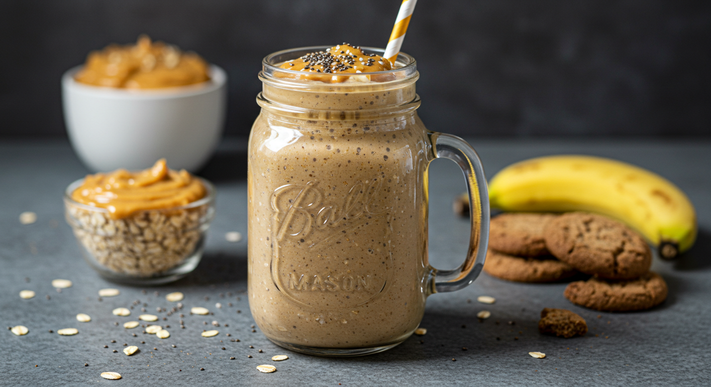 Creamy peanut butter banana oat smoothie in a mason jar, topped with chia seeds and surrounded by oats, banana, and peanut butter on a dark kitchen surface.