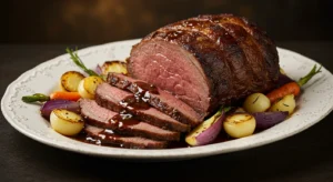 Sliced roast beef with gravy on a white platter, surrounded by roasted pearl onions, carrots, and red onions
