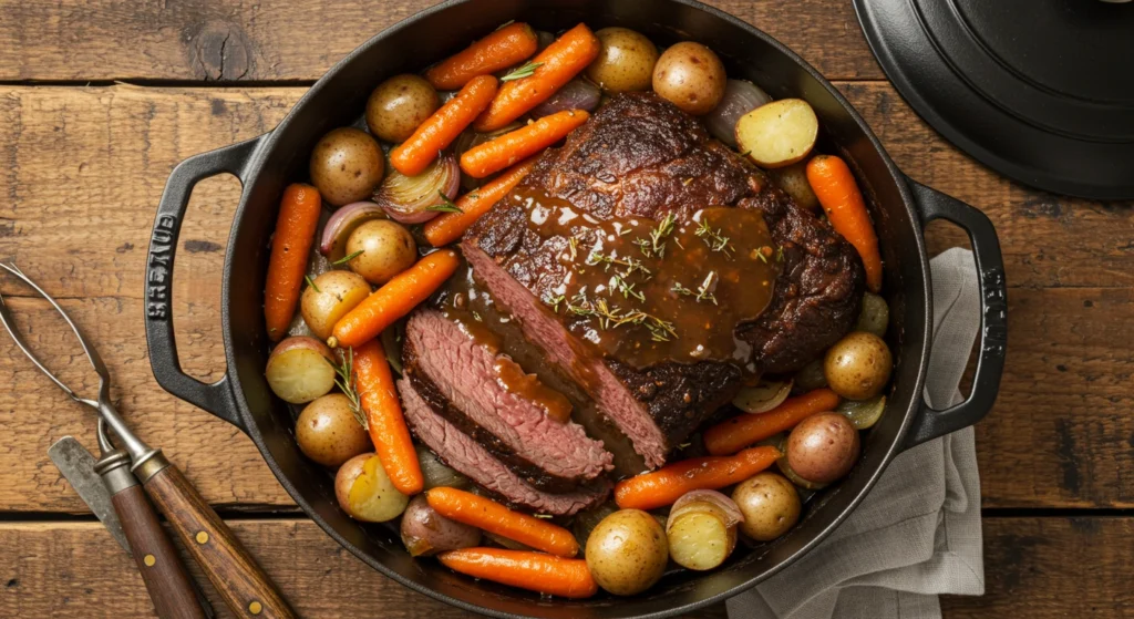 Sliced chuck roast with gravy, baby potatoes, carrots, and onions in a Dutch oven