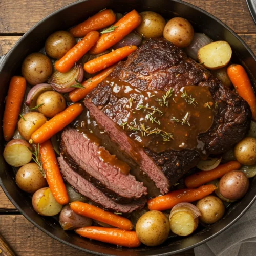 Sliced chuck roast with gravy, baby potatoes, carrots, and onions in a Dutch oven