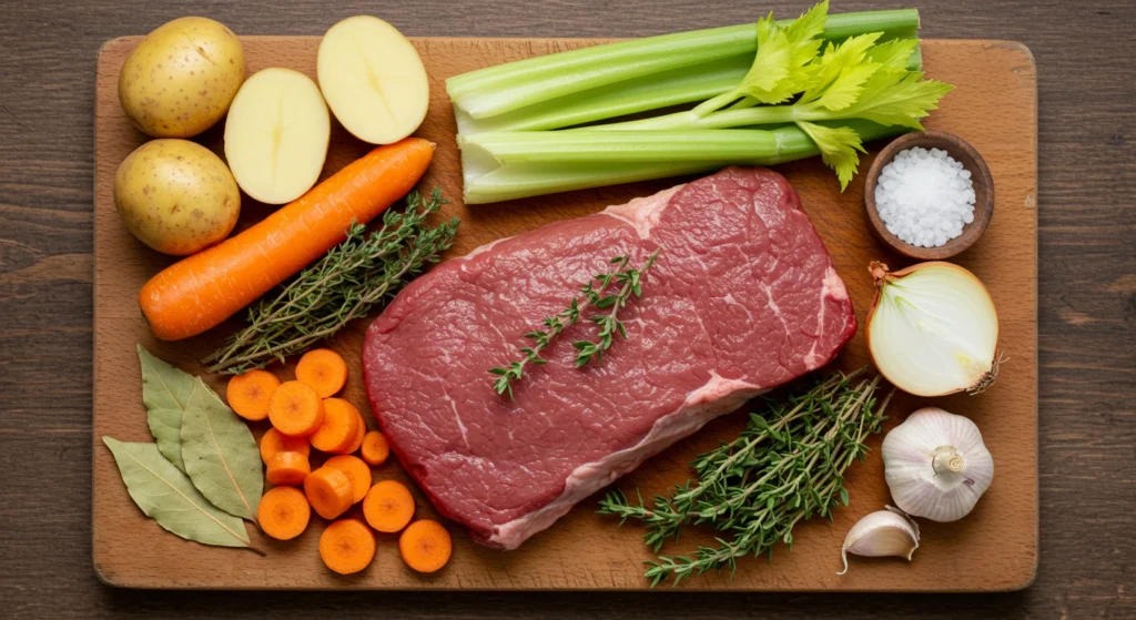 Raw chuck roast with carrots, potatoes, celery, onions, garlic, herbs, and salt on a cutting board