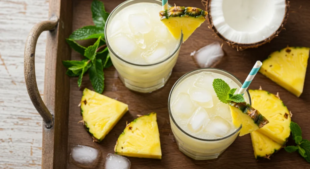 Two glasses of Virgin Piña Colada with pineapple wedges, mint, and striped straws on a wooden tray