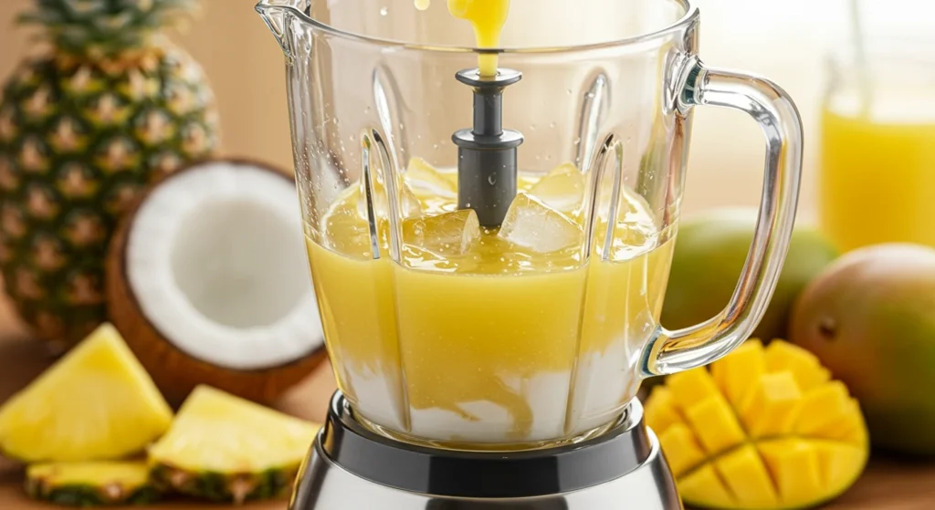 Blender filled with pineapple juice, coconut milk, and ice with tropical fruits in the background