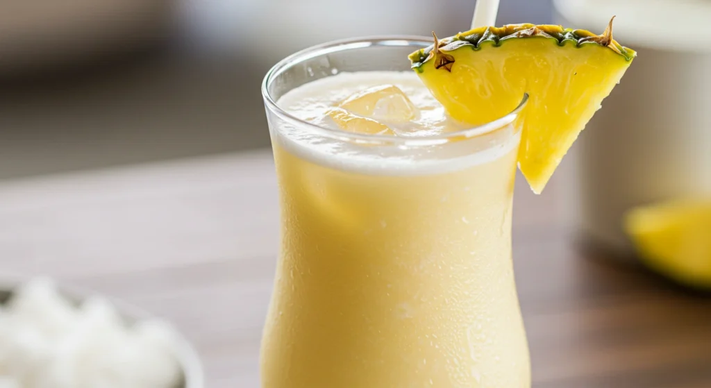 Virgin Piña Colada in a chilled glass with pineapple wedge garnish