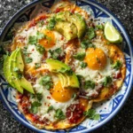 Plate of Huevos Rancheros with sunny side up eggs, red salsa, avocado slices, cilantro, cheese, and lime on a blue patterned dish.