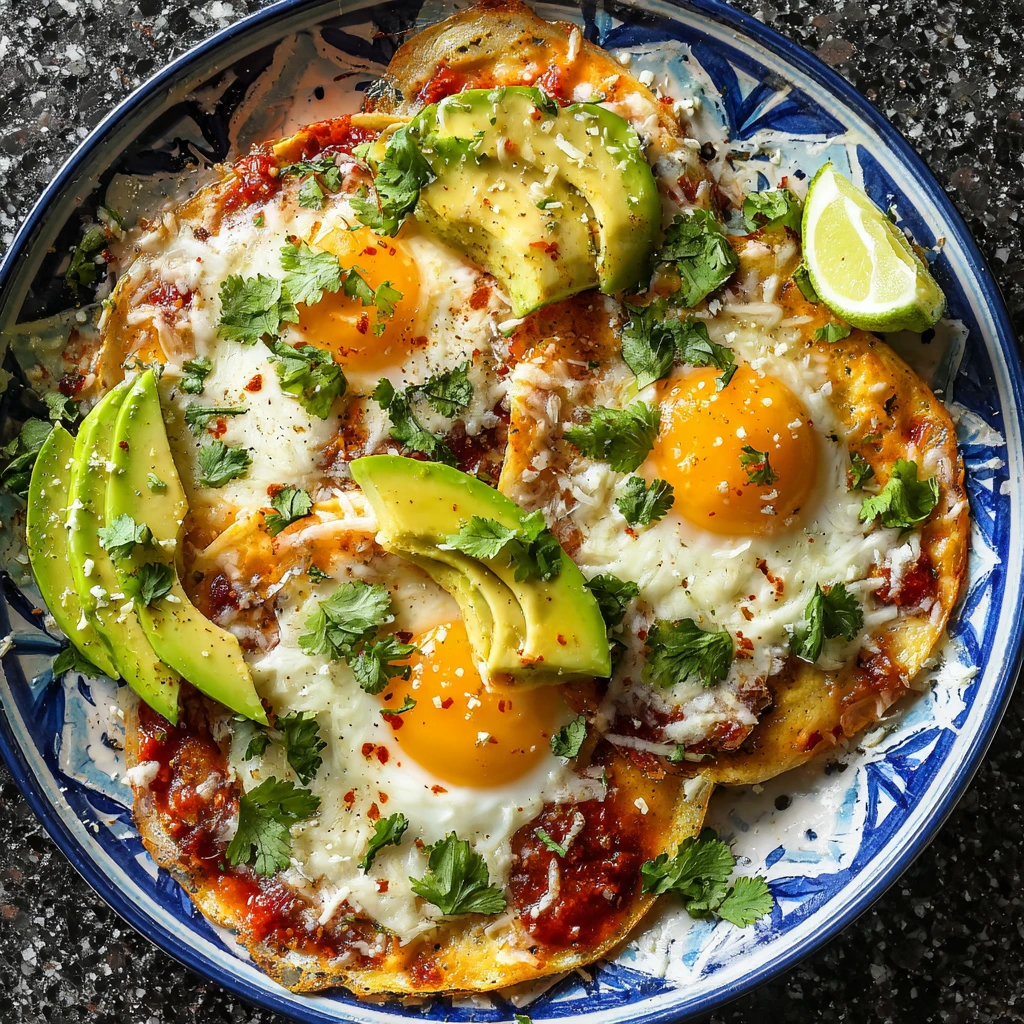 Plate of Huevos Rancheros with sunny side up eggs, red salsa, avocado slices, cilantro, cheese, and lime on a blue patterned dish.