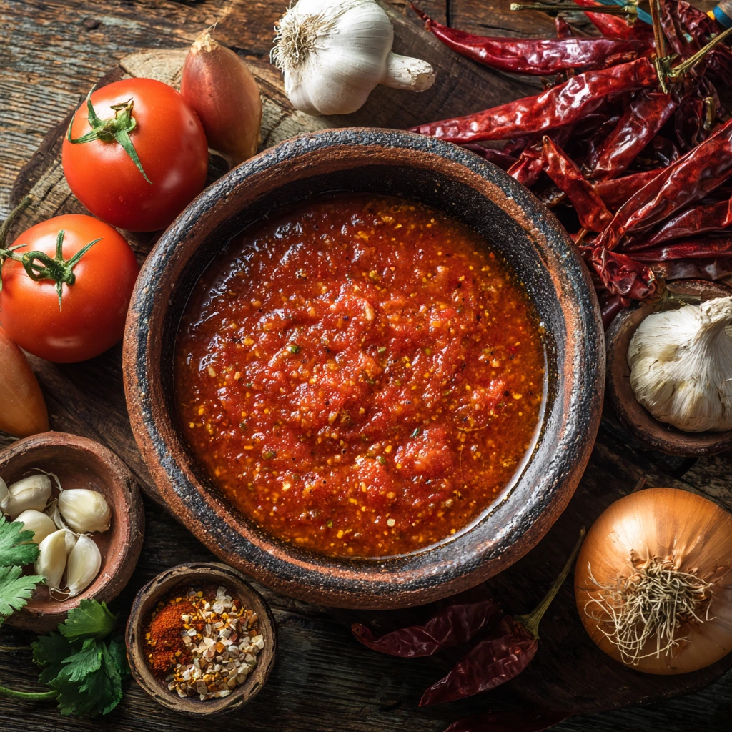 Bowl of fresh salsa roja with tomatoes, garlic, onions, and dried chili peppers on a rustic wooden table.