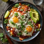 Plate of authentic Mexican chilaquiles with fried eggs, red salsa, avocado slices, queso fresco, cilantro, and lime.
