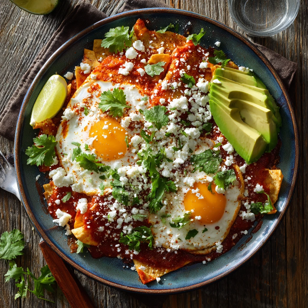 Plate of authentic Mexican chilaquiles with fried eggs, red salsa, avocado slices, queso fresco, cilantro, and lime.