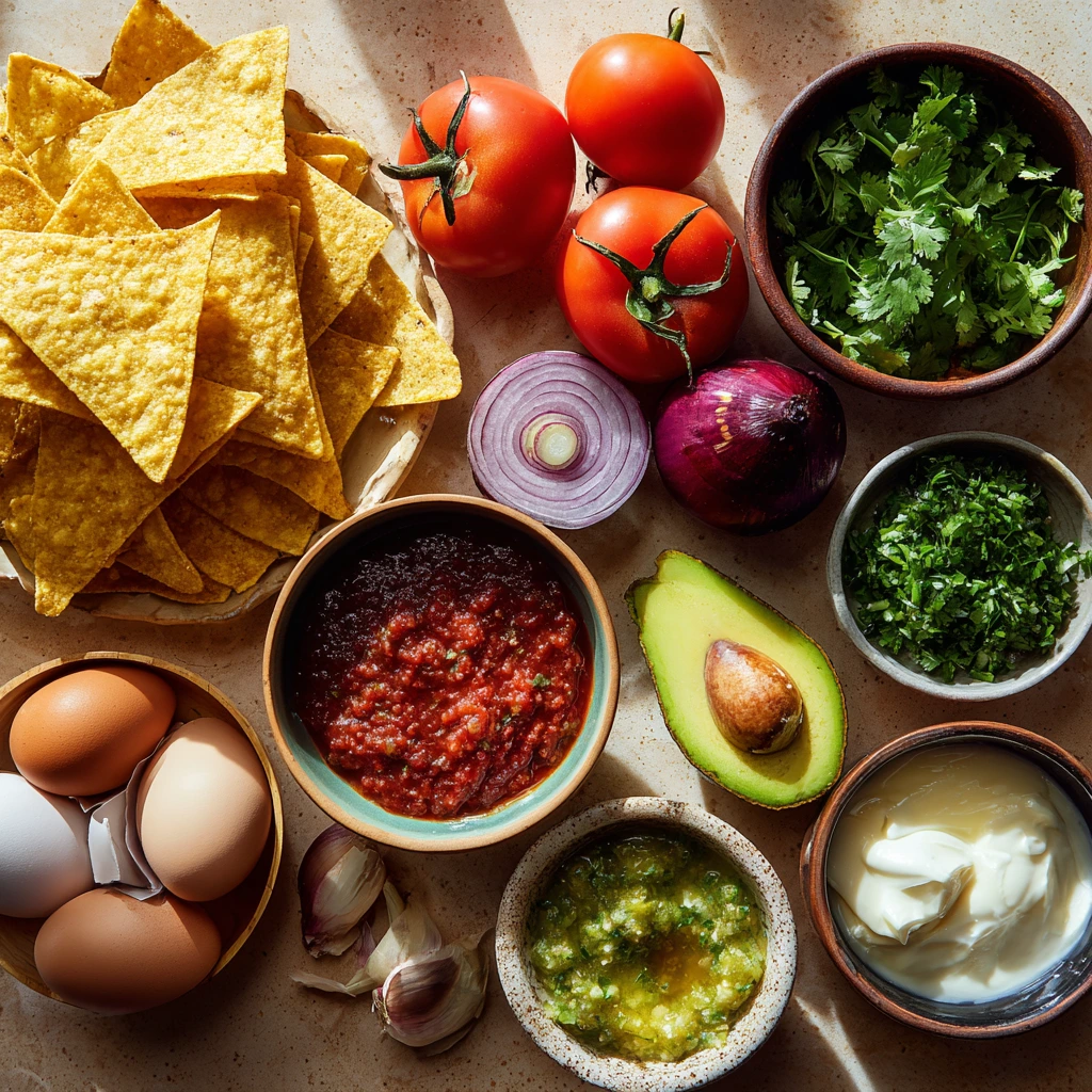 Fresh ingredients for Mexican chilaquiles including corn tortillas, tomatoes, onions, garlic, salsa, avocado, cilantro, eggs, and crema on a rustic table.