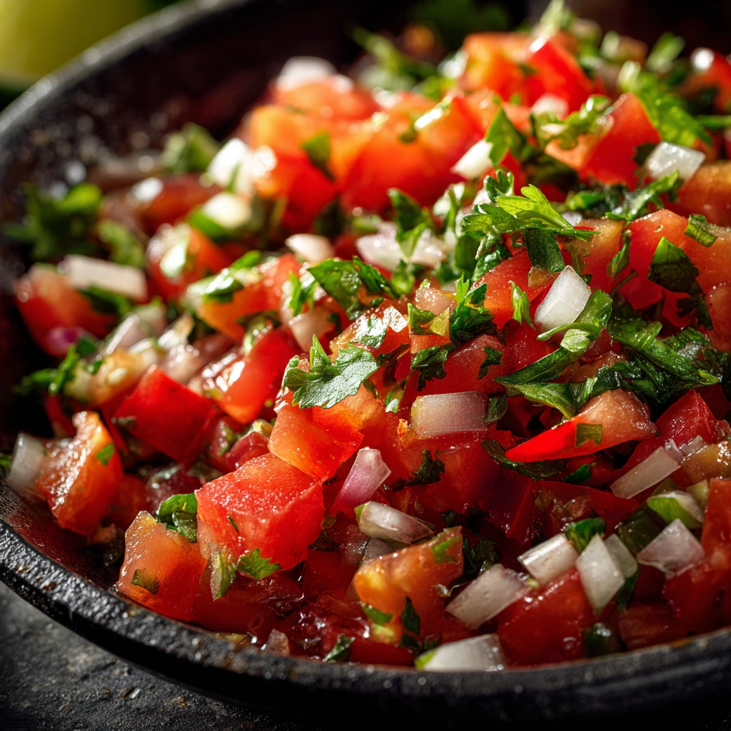 Close-up of freshly made salsa with diced tomatoes, onions, and cilantro in a black bowl.