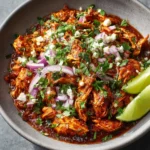 Chicken tinga in a gray bowl, shredded chicken in smoky chipotle-tomato sauce, topped with cilantro, red onion, queso fresco, and lime wedges.