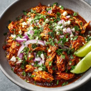 Chicken tinga in a gray bowl, shredded chicken in smoky chipotle-tomato sauce, topped with cilantro, red onion, queso fresco, and lime wedges.