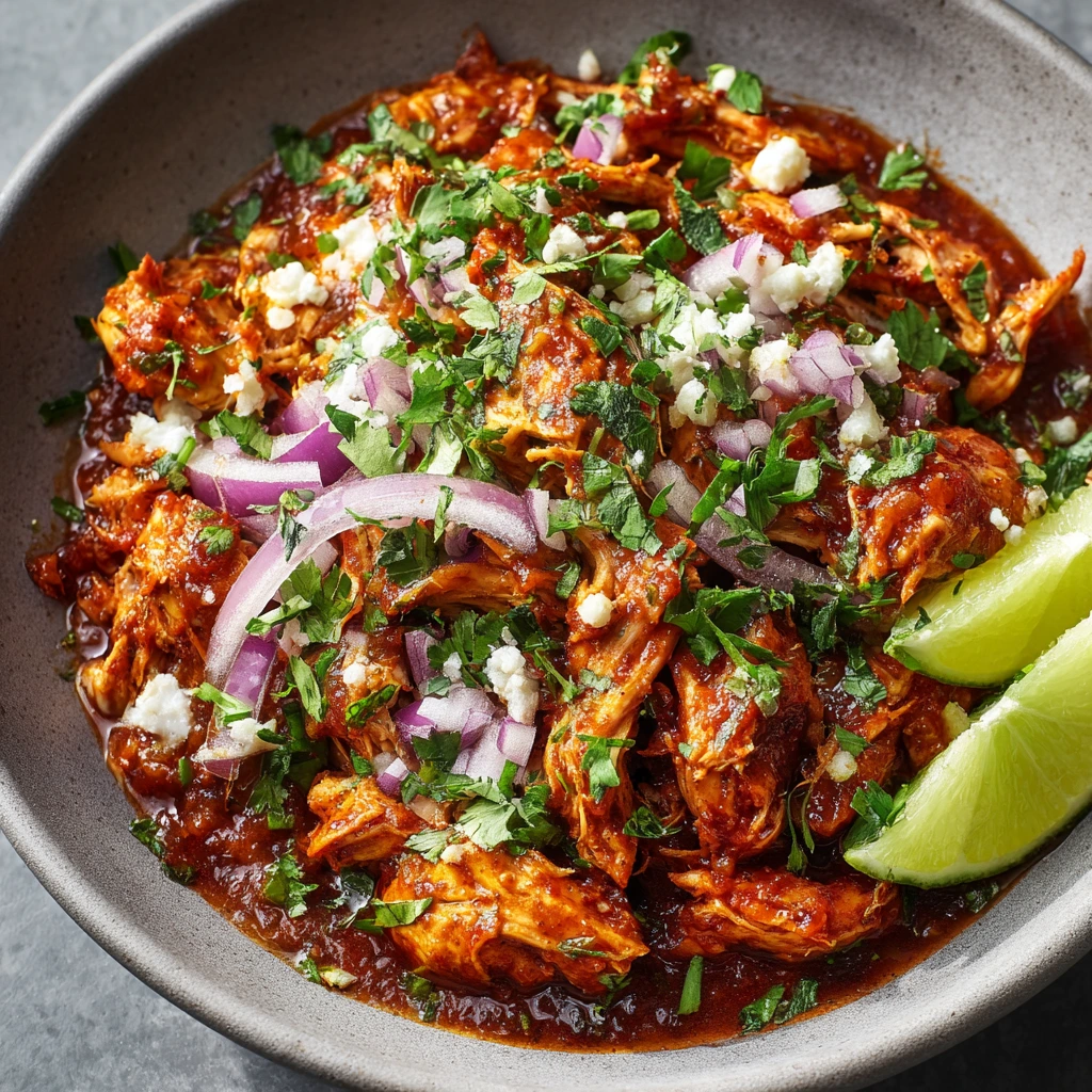 Chicken tinga in a gray bowl, shredded chicken in smoky chipotle-tomato sauce, topped with cilantro, red onion, queso fresco, and lime wedges.