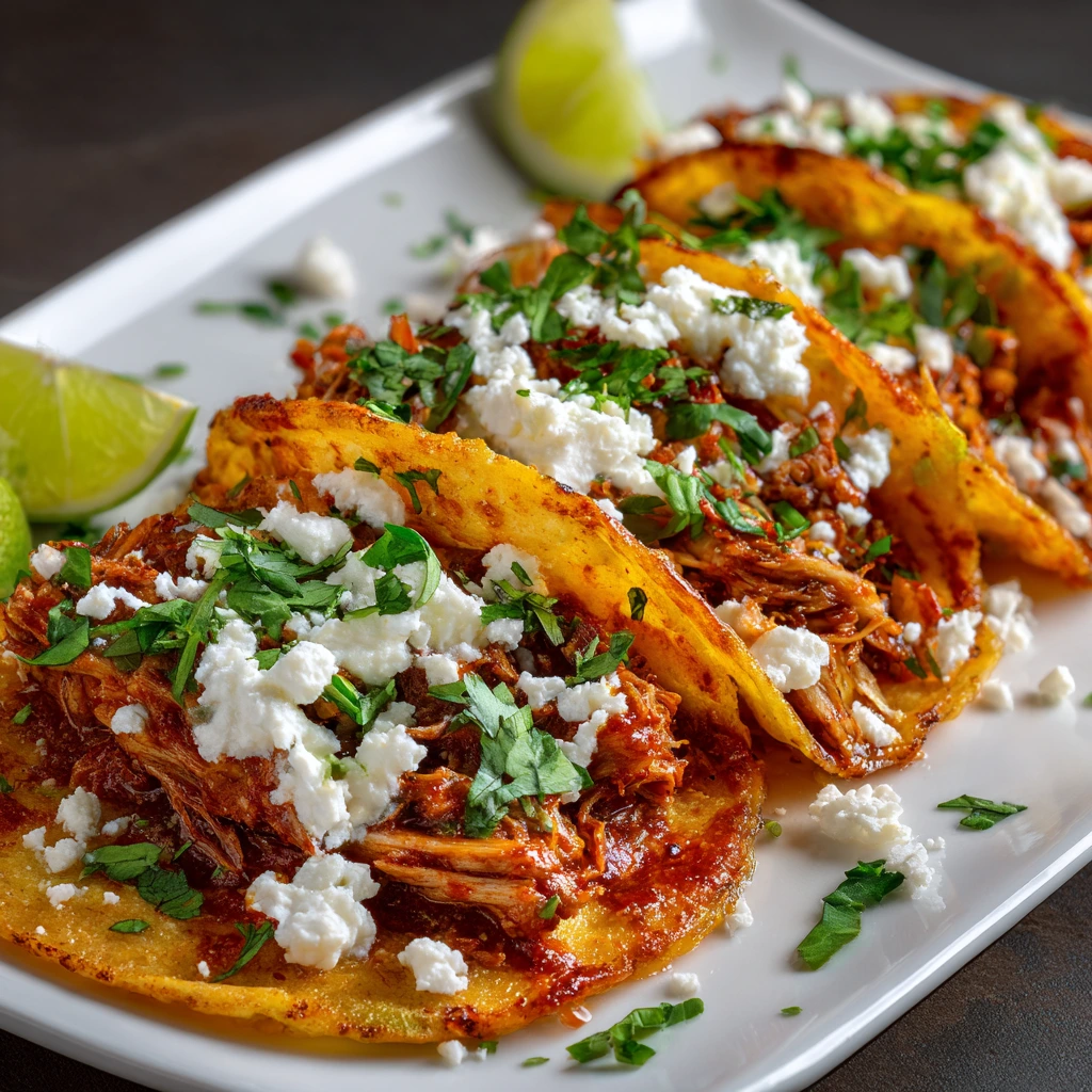 Chicken tinga tacos on a white plate—shredded chicken in chipotle-tomato sauce inside crisp corn tortillas, topped with queso fresco and cilantro, with lime wedges.