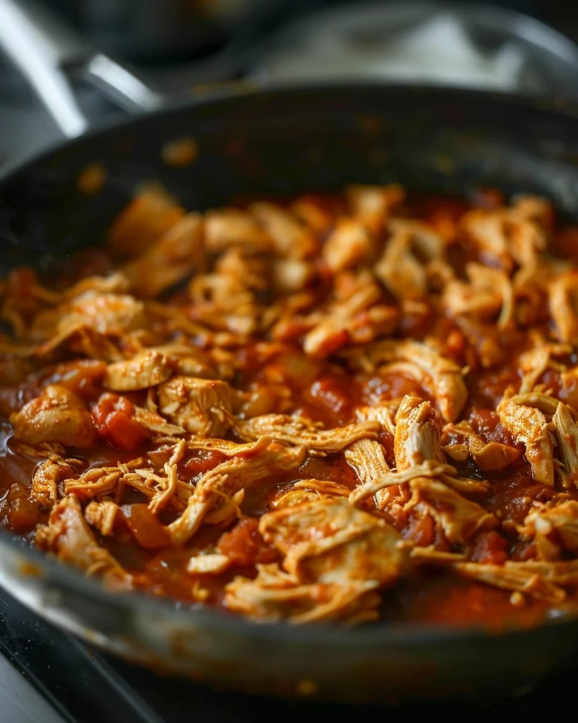 Shredded chicken tinga simmering in a skillet—tender strands in a glossy chipotle-tomato sauce, shallow depth of field, stovetop process shot.