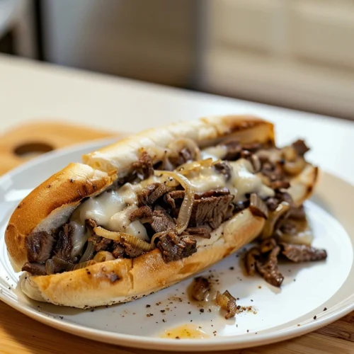 philly cheesesteak with thin-sliced ribeye, sautéed onions, and melted provolone in a soft hoagie roll on a white plate in a home kitchen