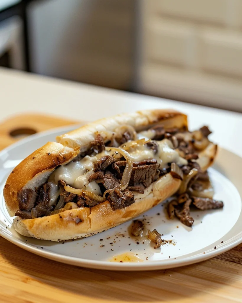 philly cheesesteak with thin-sliced ribeye, sautéed onions, and melted provolone in a soft hoagie roll on a white plate in a home kitchen