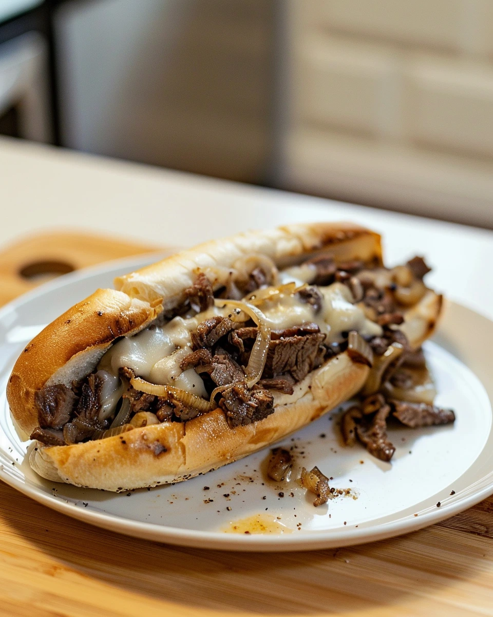 philly cheesesteak with thin-sliced ribeye, sautéed onions, and melted provolone in a soft hoagie roll on a white plate in a home kitchen