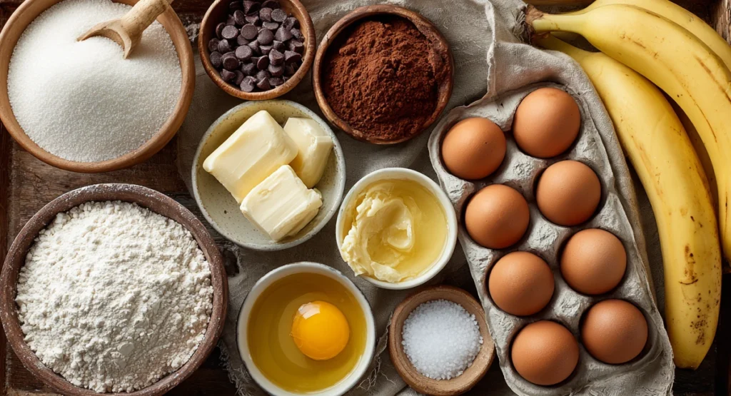 Overhead flat lay of chocolate chip banana bread ingredients—ripe bananas, flour, sugar, eggs, butter, oil, chocolate chips, cocoa, and salt—measured in bowls.