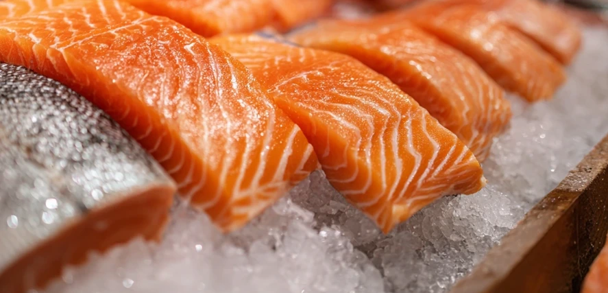 Fresh skin-on salmon fillets arranged in a row on crushed ice at a fish counter, ready to buy for crispy skin salmon.