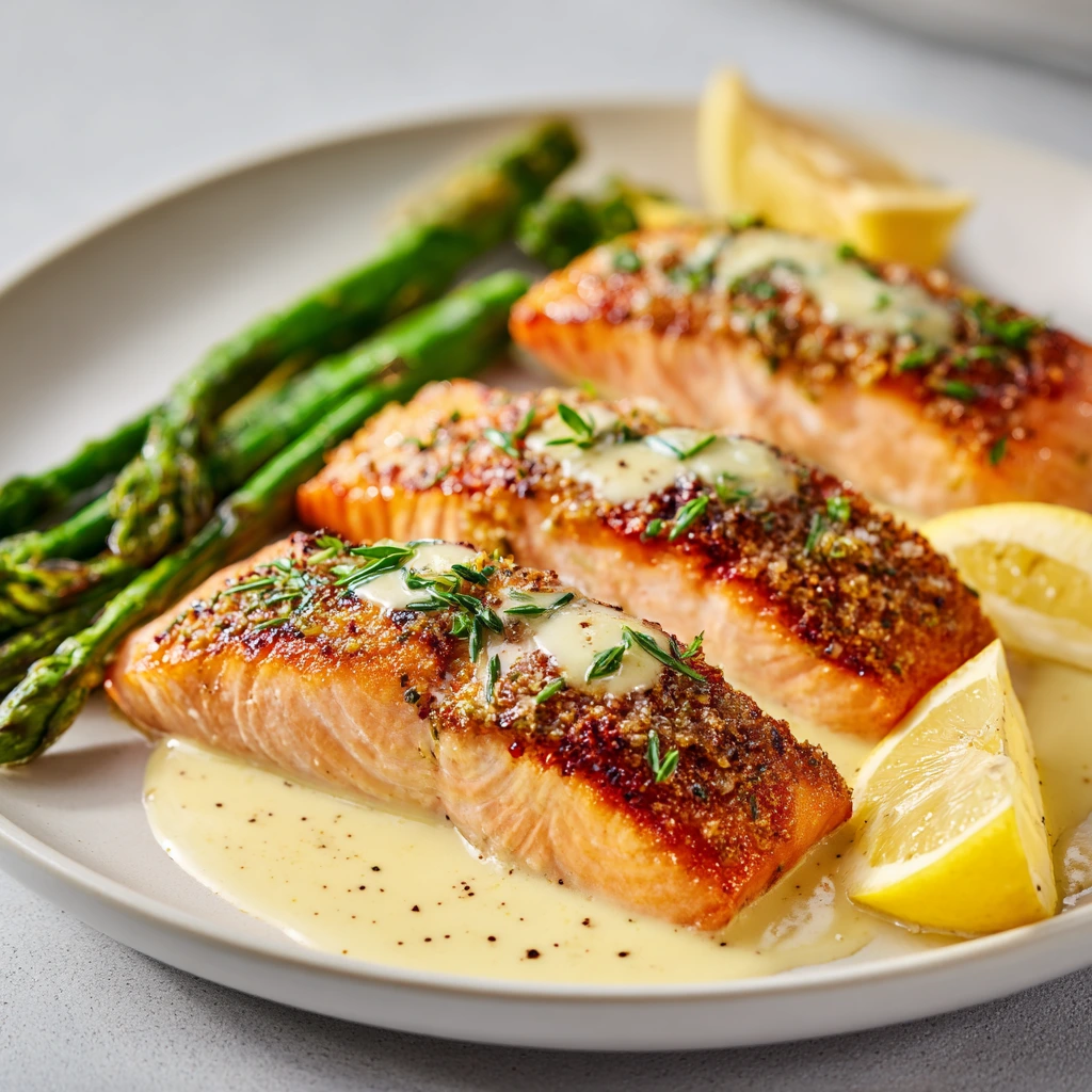 Close-up of three fillets of crispy skin salmon with lemon butter sauce, roasted asparagus, and lemon wedges on a white plate.