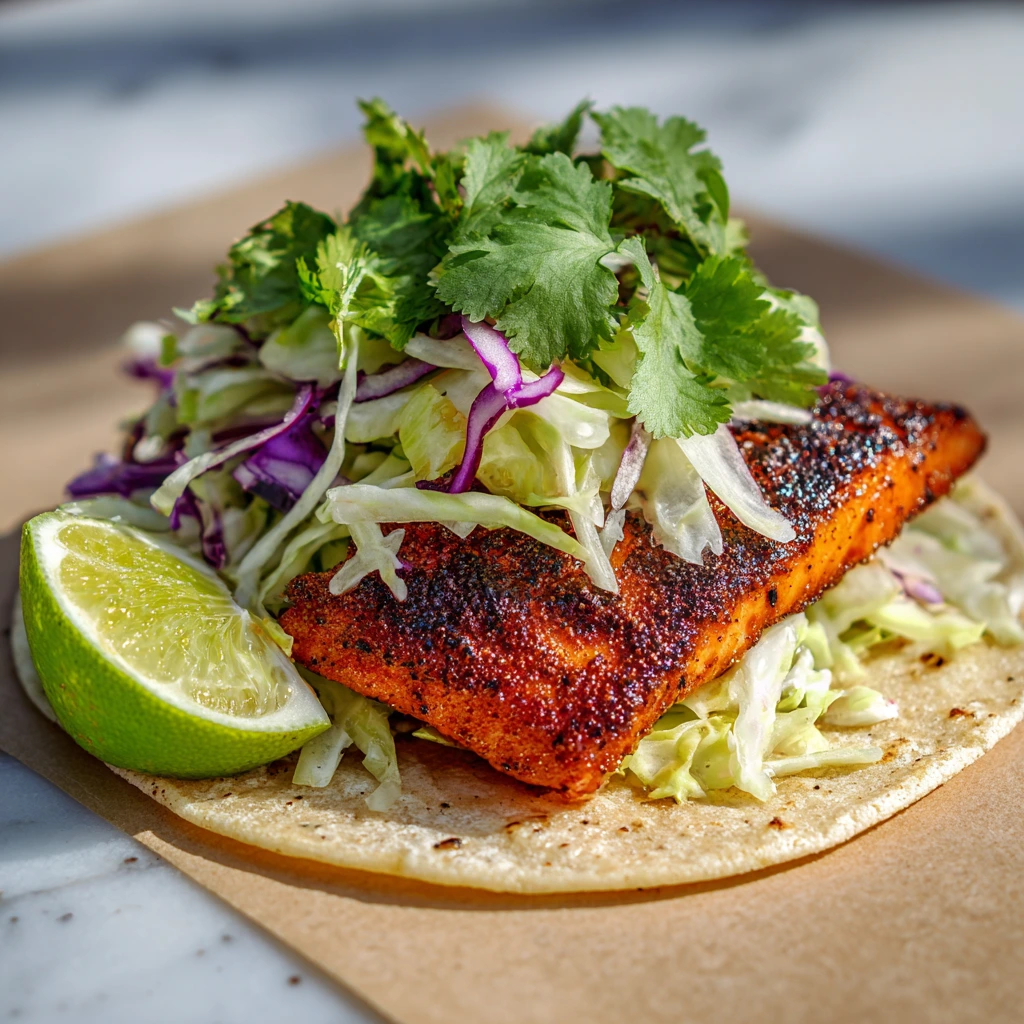 Crispy skin salmon taco topped with shredded green and purple cabbage, fresh cilantro, and served with a lime wedge on a warm tortilla.