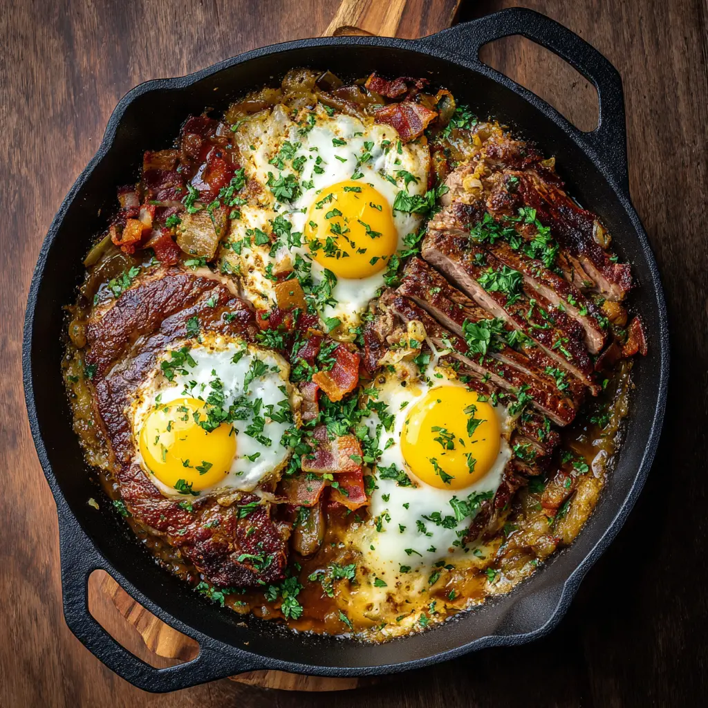 Cast-iron steak and eggs skillet with seared ribeye slices, three sunny-side eggs, crispy bacon, onions, and parsley in pan drippings.
