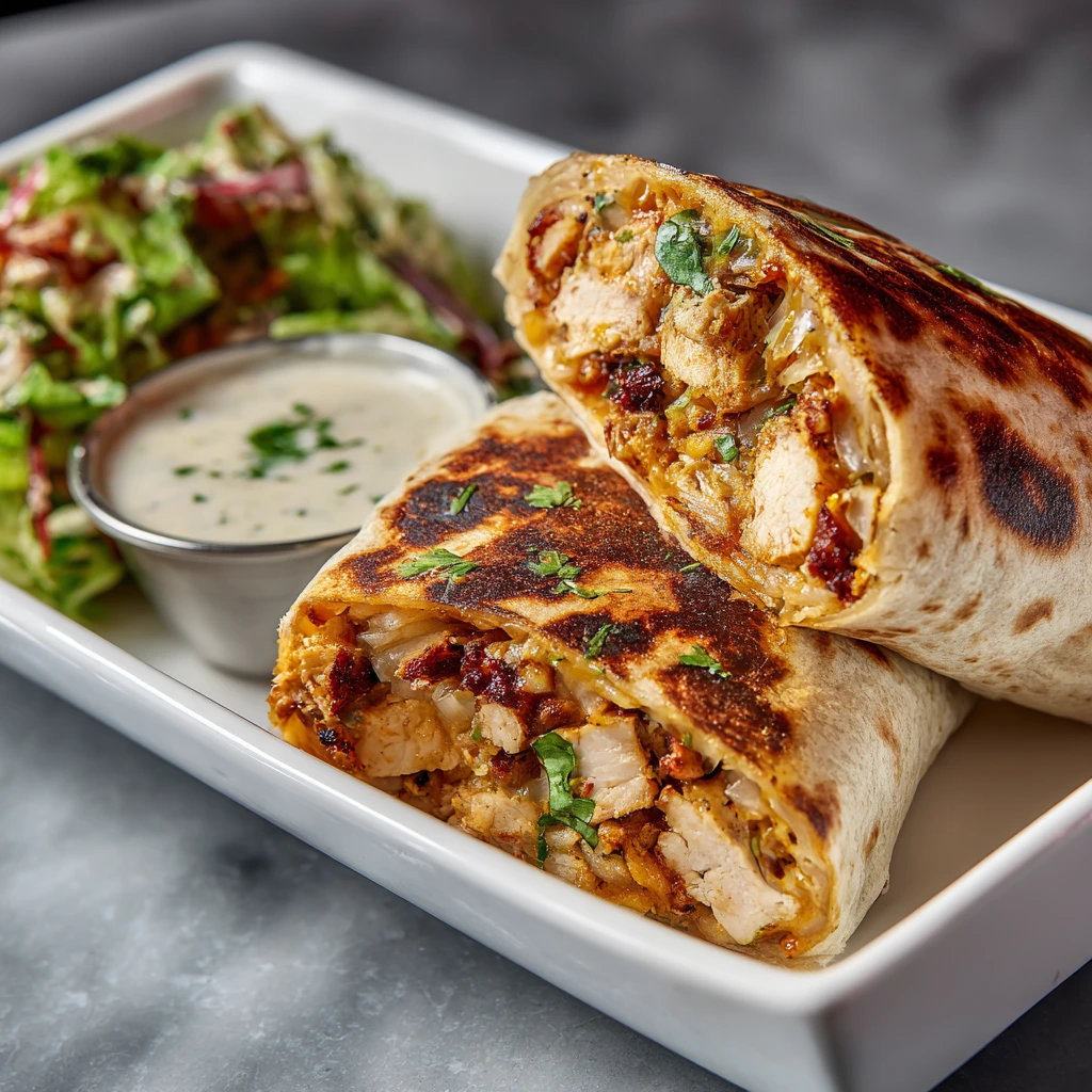 Skillet-toasted chicken burrito cut in half, filled with juicy chicken, melty cheese, and herbs, served with salad and a creamy dipping sauce.