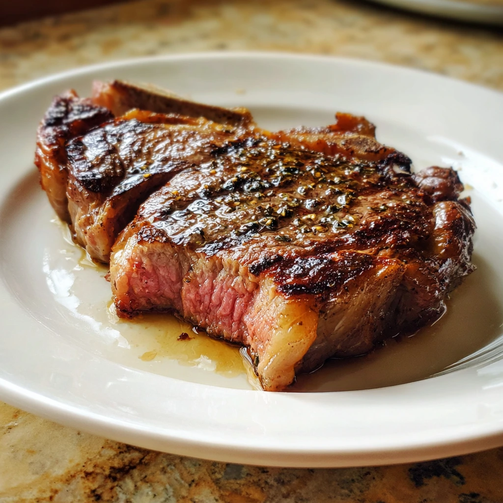 Medium-rare ribeye steak resting on a white plate, browned crust with visible juices and fat cap.