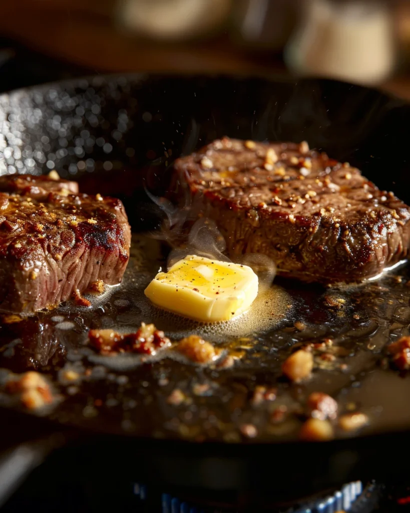 Close-up of two seared steak medallions in a cast-iron skillet with a knob of butter melting in the drippings, steam rising.