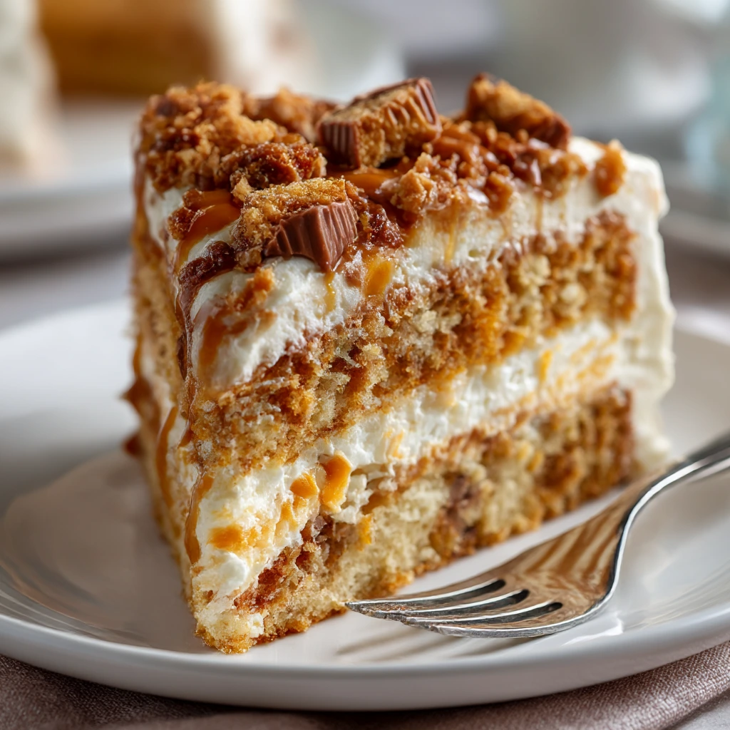 Close-up slice of Butterfinger poke cake on a white plate with whipped topping, caramel drizzle, and chopped Butterfinger pieces, with a fork beside it.