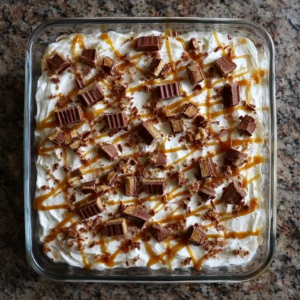 Top-down view of Butterfinger poke cake in a glass baking dish, topped with whipped cream, caramel drizzle, and chopped Butterfinger pieces on a granite counter.