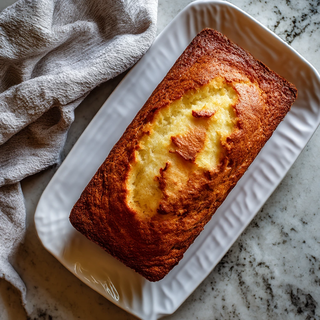 Whole homemade cream cheese pound cake loaf with a golden top on a white platter.