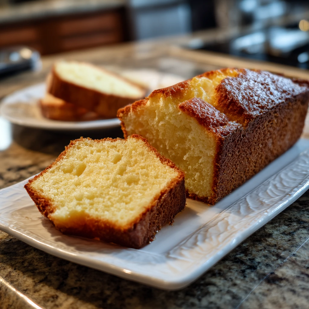 Slice of homemade cream cheese pound cake on a white plate with the loaf behind it.