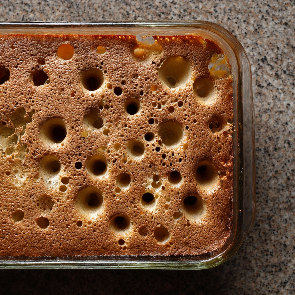 Top-down view of a baked chocolate sheet cake in a glass dish with holes poked across the surface for a poke cake.