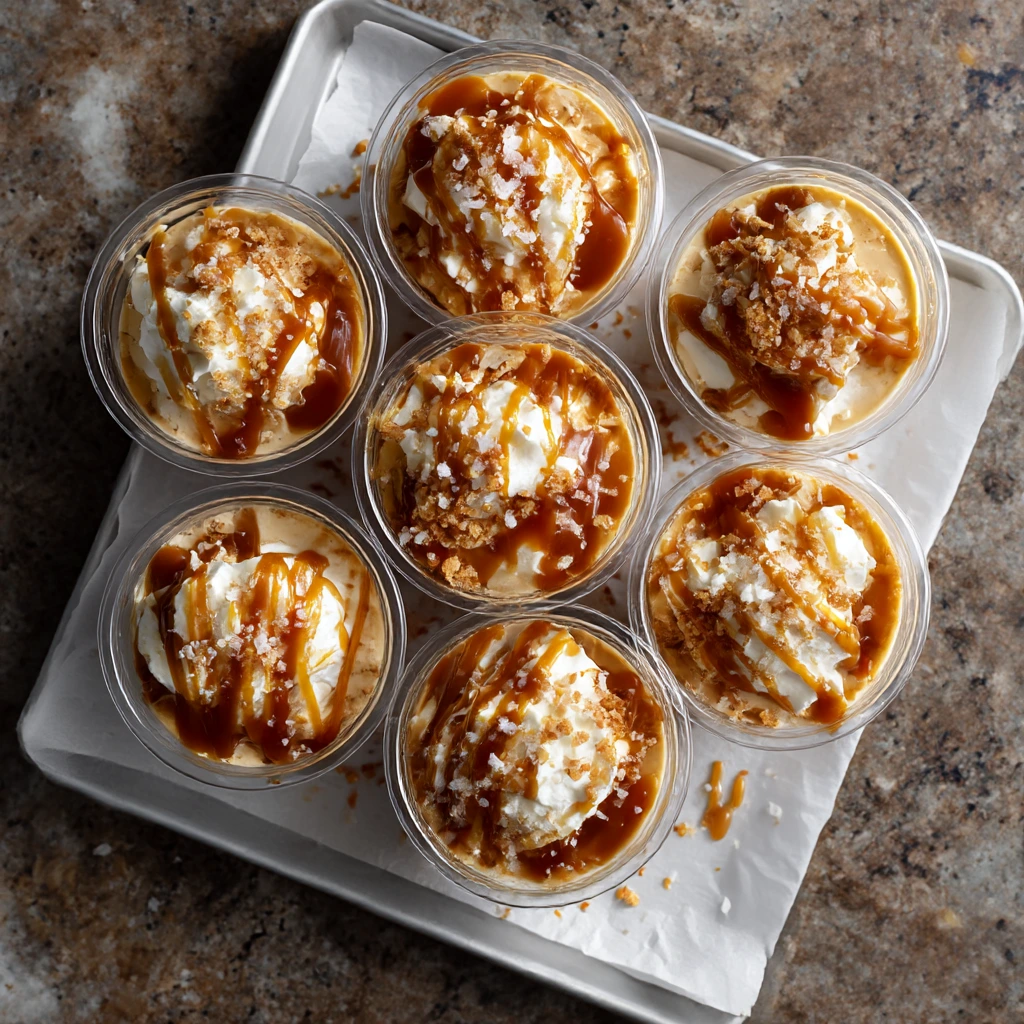 Seven no-bake salted caramel cheesecake cups on a parchment-lined sheet pan, drizzled with caramel and topped with flaky salt.
