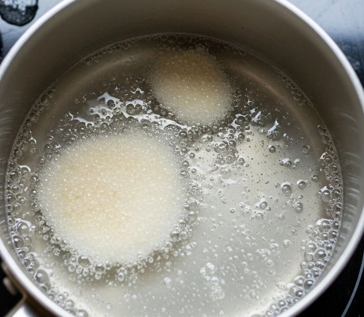 Granulated sugar sitting in water in a saucepan, with small bubbles forming as it heats on the stovetop.