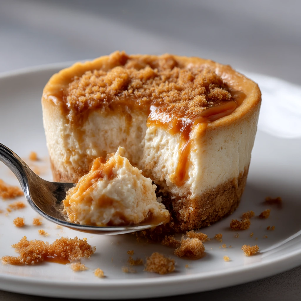 Spoonful of salted caramel cheesecake from a mini cheesecake cup with cookie crust and caramel on top.