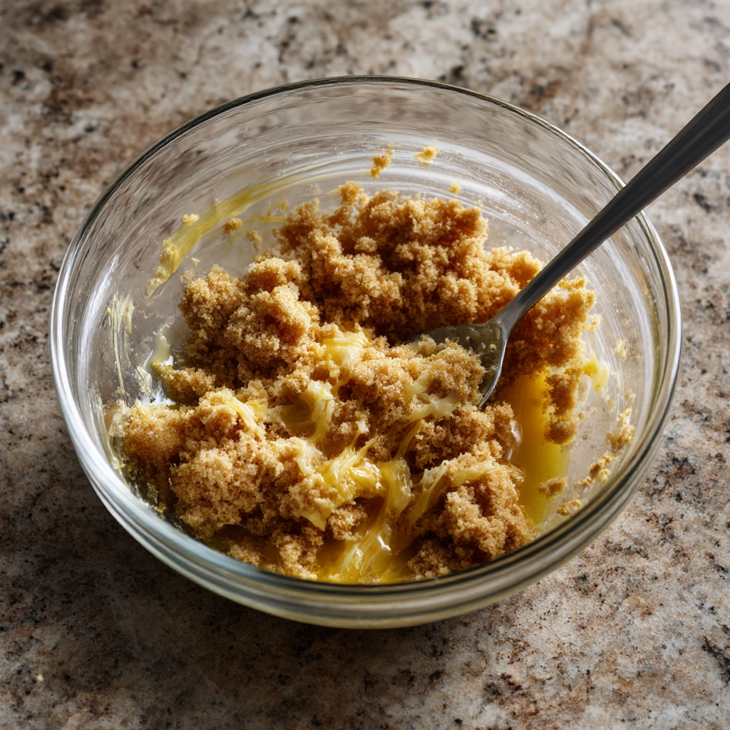 Cookie crumbs mixed with melted butter in a glass bowl for a cheesecake cup crust.